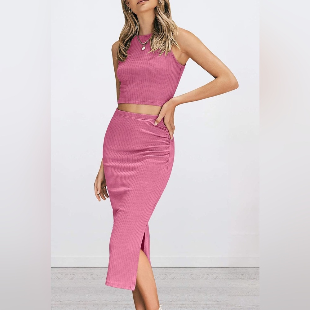 PRETTYGARDEN Women’s Ribbed Tank Top & Slit Bodycon Skirt Set